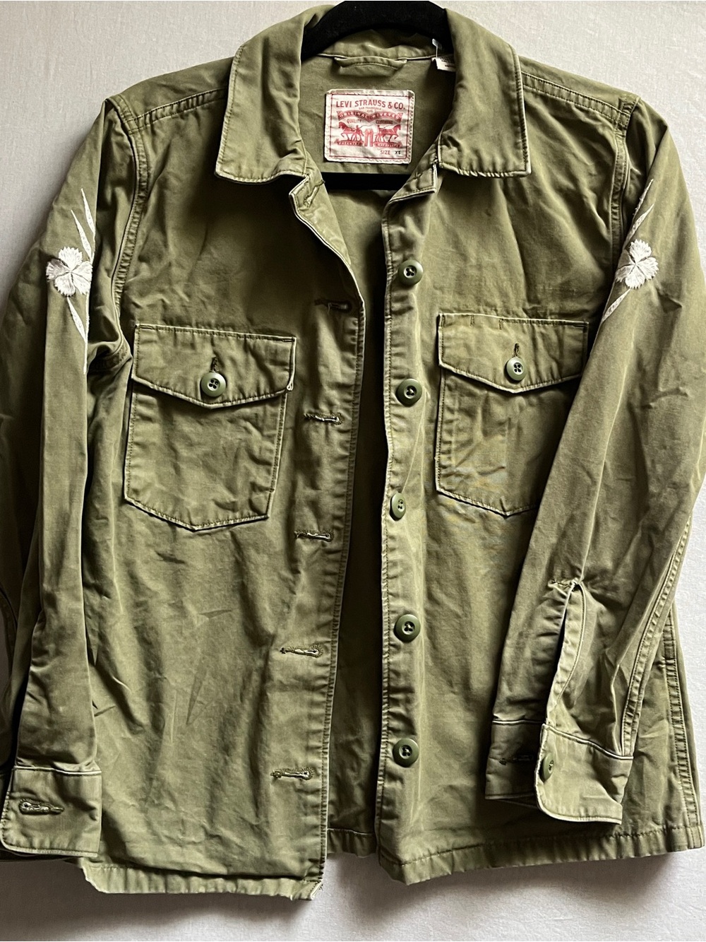 Levis Floral Embroidered Sleeve Cotton Military Shirt Jacket XS